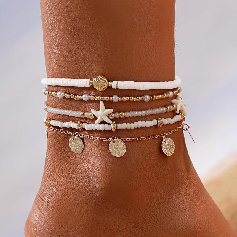 Shall Shell Boho Shell Ankle Bracelet Set for Women, 5 Pairs 14K Boho Bead Handmade Adjustable Anklet, Hawaiian Beach Seashell Starfish Foot Jewelry Gifts - Image 2